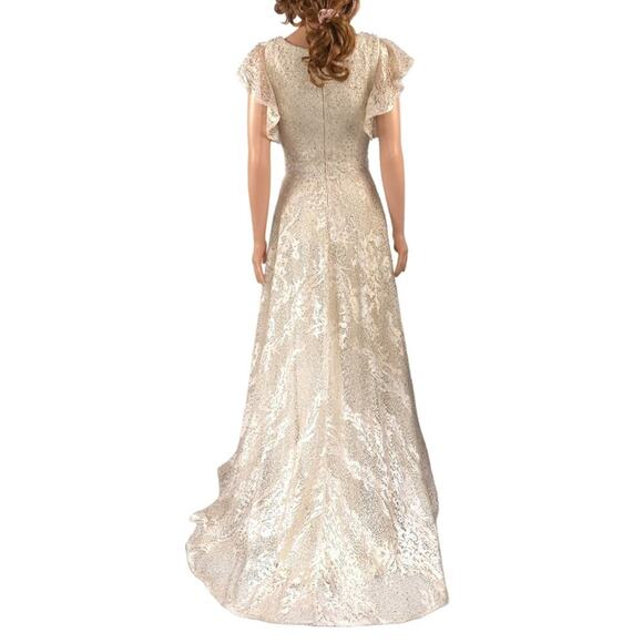 Mac Duggal Flutter Sleeve V-Neck Gown Ivory Nude Formal Maxi Beaded FLAWED - Picture 8 of 16